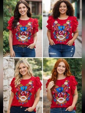 Red Embroidered Floral Ruffle Women's Top